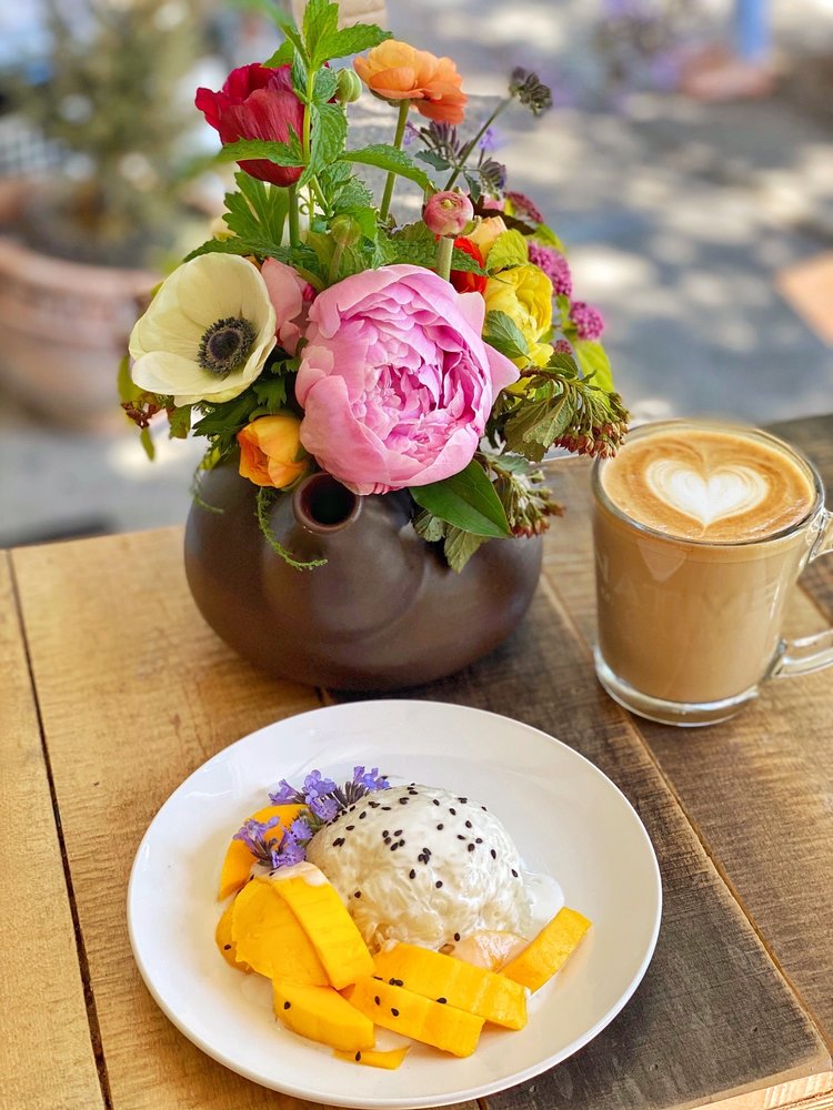 Coconut mango sticky rice with condensed milk and star anise